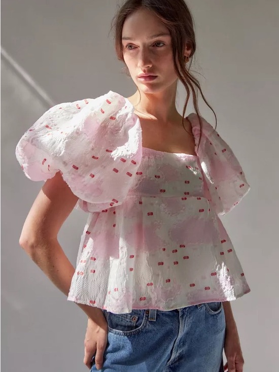 Sister Jane Tops - UrbanOutfitters DREAM sister Jane Venus Pink Puff-Sleeve  Jacquard Blouse